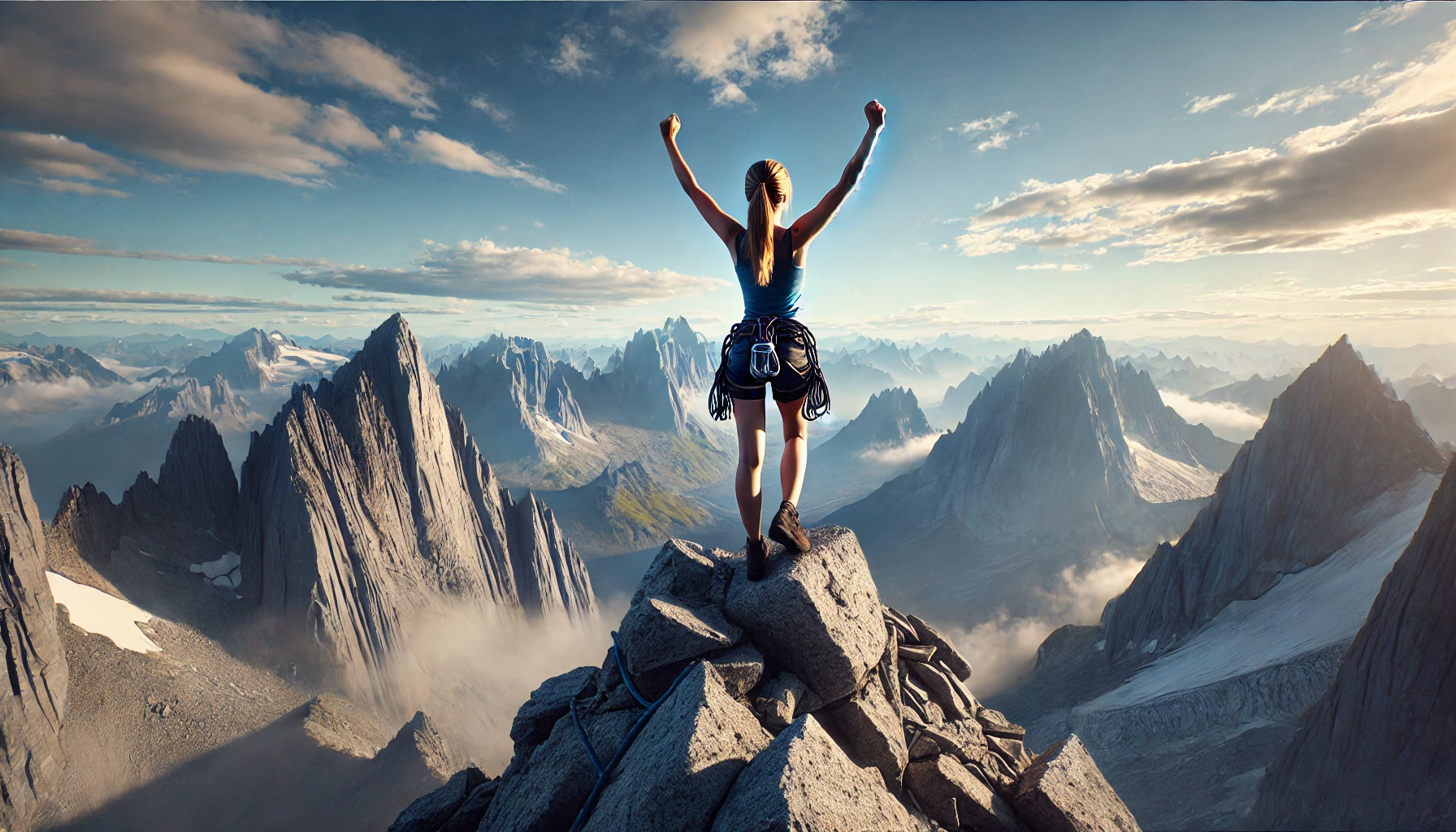Ai generated image of a women standing victorious on a mountain peak after a climb