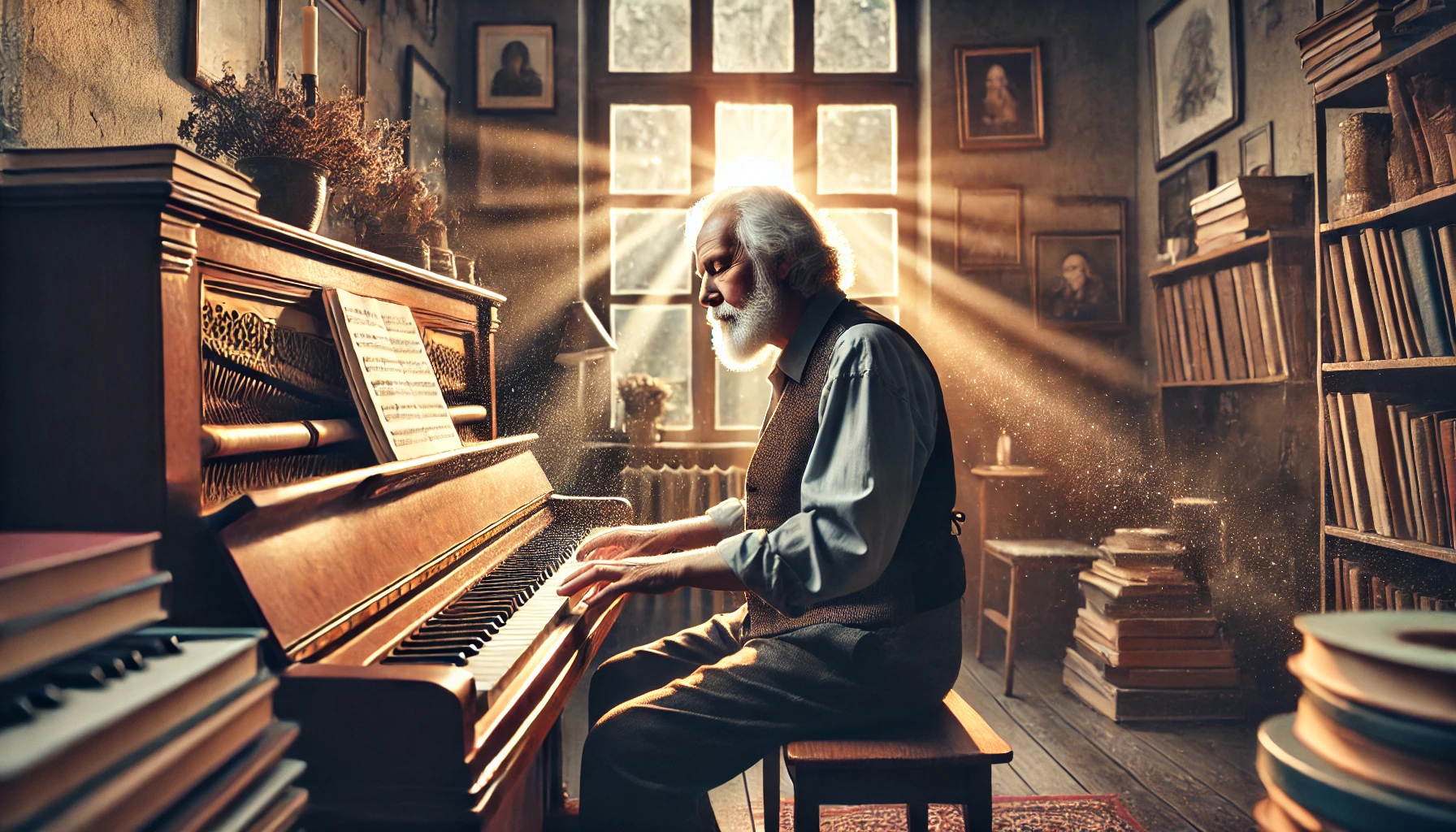 AI-generated image of an older individual joyfully playing the piano in a cozy room bathed in sunlight, symbolizing new beginnings and the timeless pursuit of personal passions.