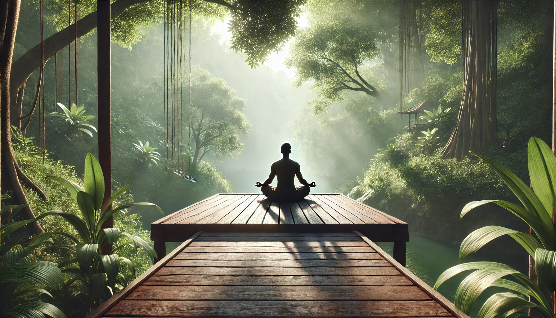 Ai generated image of a person meditating on a wooden platform in a natural setting