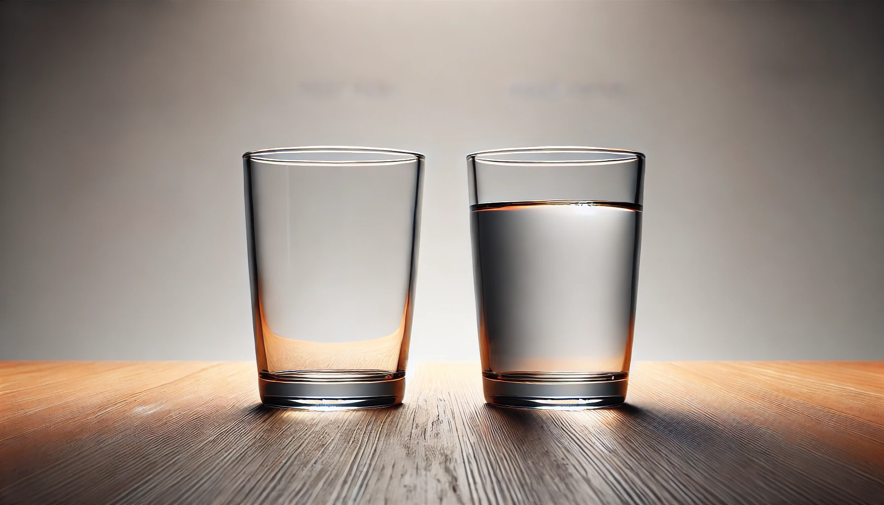 Ai generated image of a empty and a half empty glass on a wooden surface