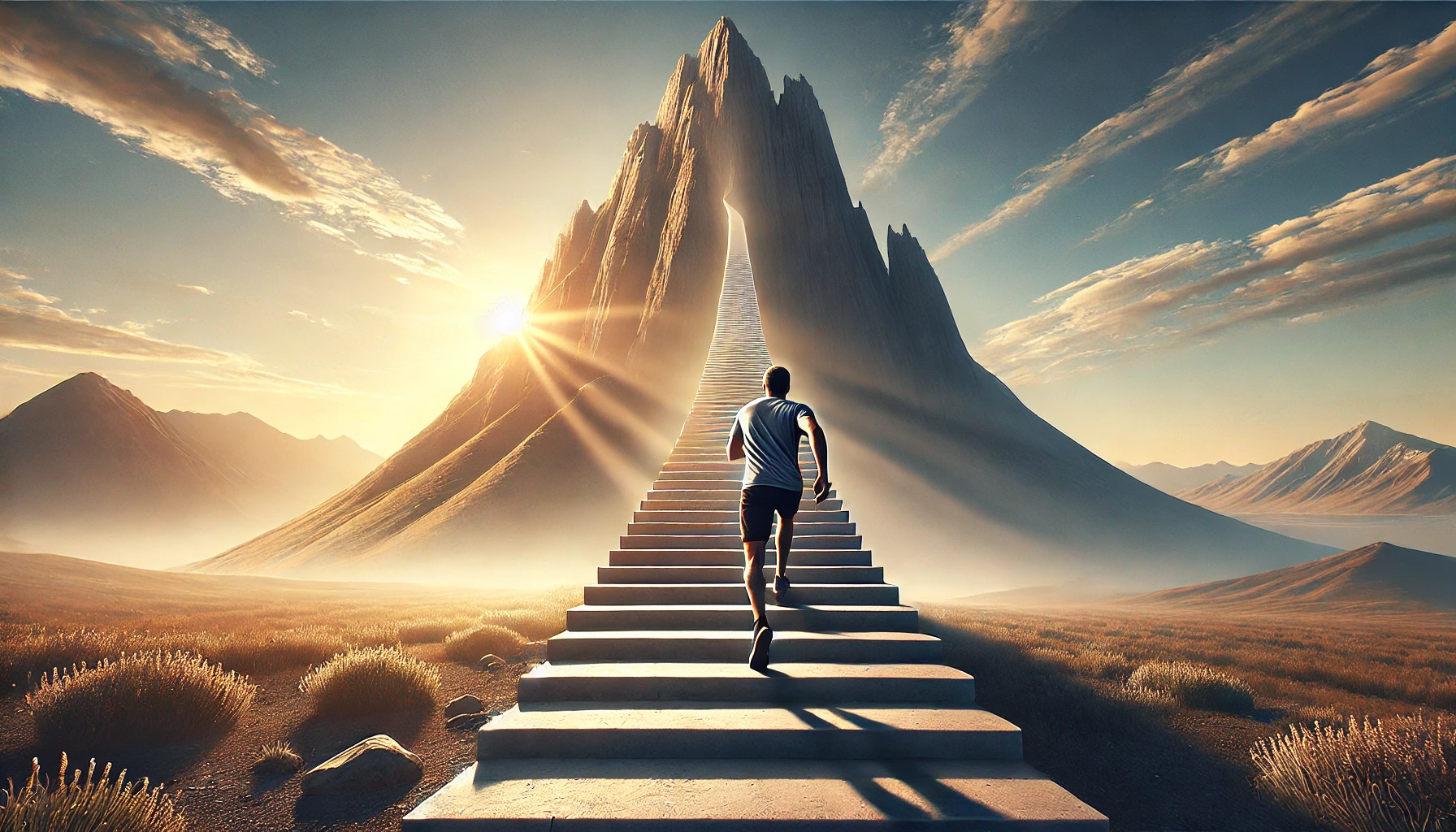 Ai generated an image of a person taking the first step on a staircase towards a distant mountain, symbolizing the beginning of a journey to greatness.