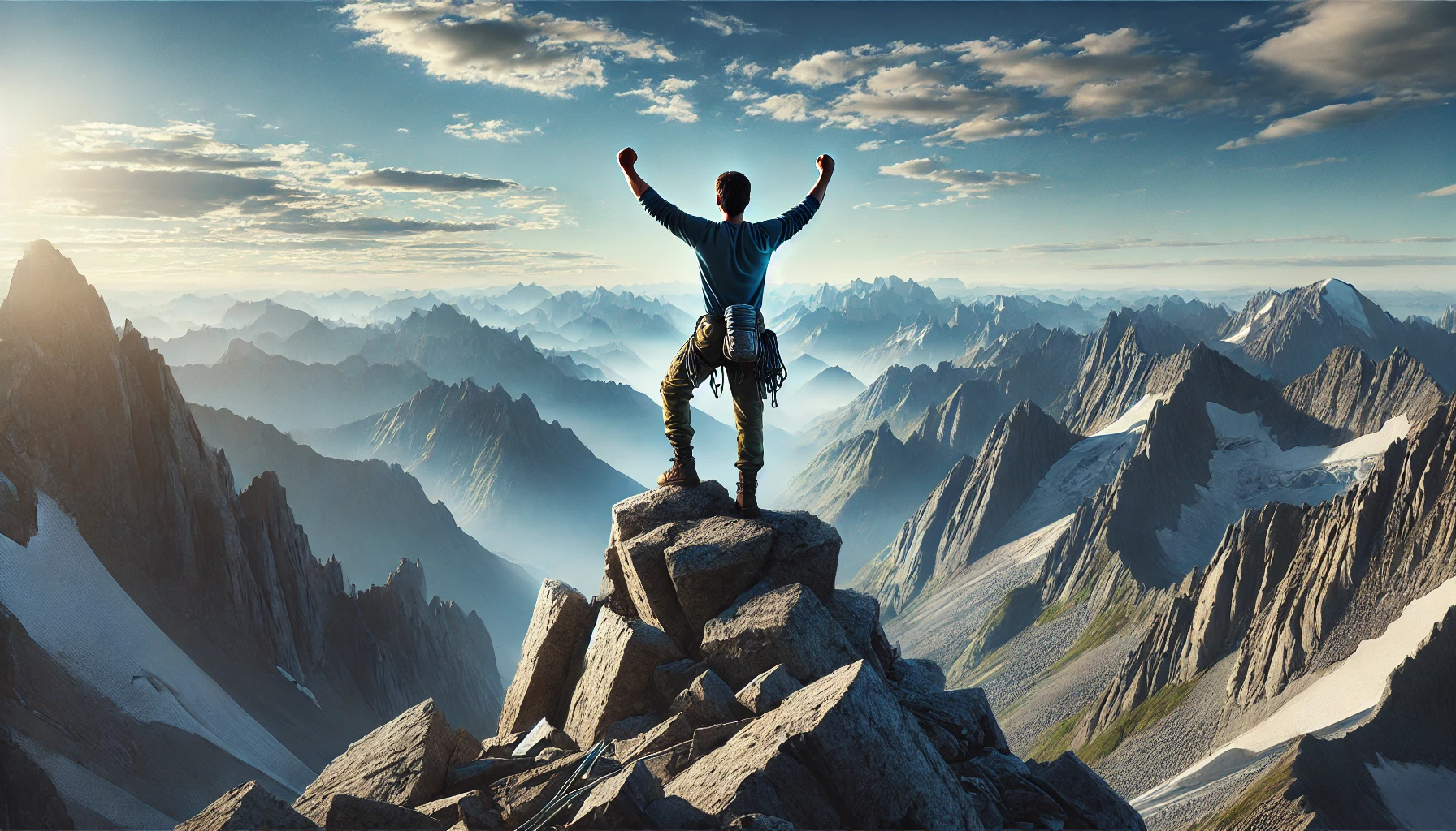 Ai generated image of a victorious man on a mountain peak after a climb