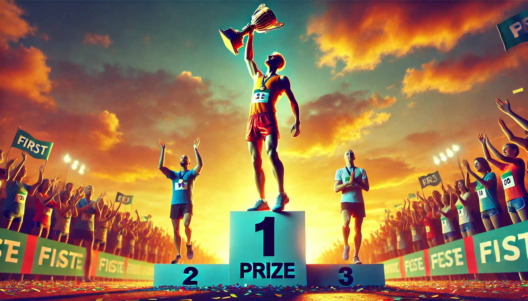 AI-generated image of an athlete triumphantly raising the first prize trophy on a podium at the end of a marathon, under a golden sunset sky, surrounded by a cheering crowd.