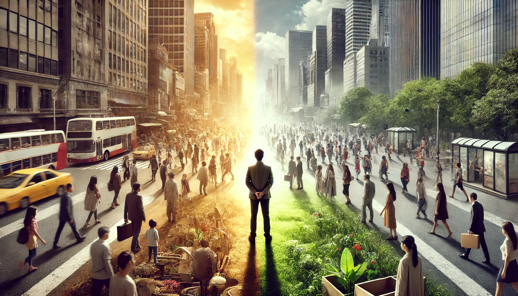 AI-generated image of a single person standing in a bustling city square, holding a small plant, symbolizing change amidst a transition from a chaotic to a peaceful city environment, highlighted by warm sunlight.