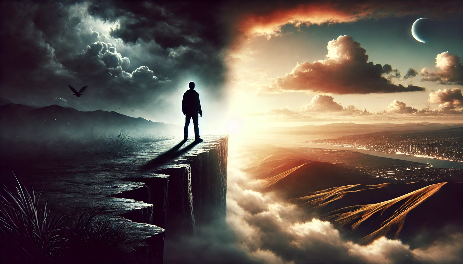 AI-generated image of a person standing at the edge of a cliff, looking towards a horizon that transitions from stormy darkness to bright clarity, symbolizing the journey from doubt to potential.
