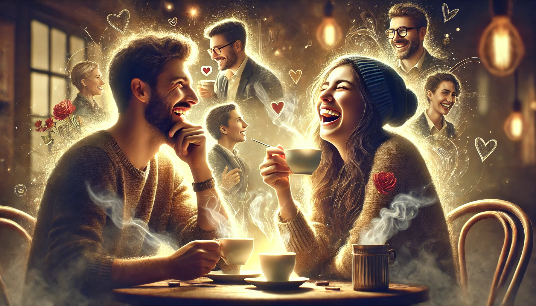 AI-generated image of two people sharing a laugh over coffee in a cozy cafe, capturing the moment a new friendship begins, highlighted by warm lighting and intimate surroundings.