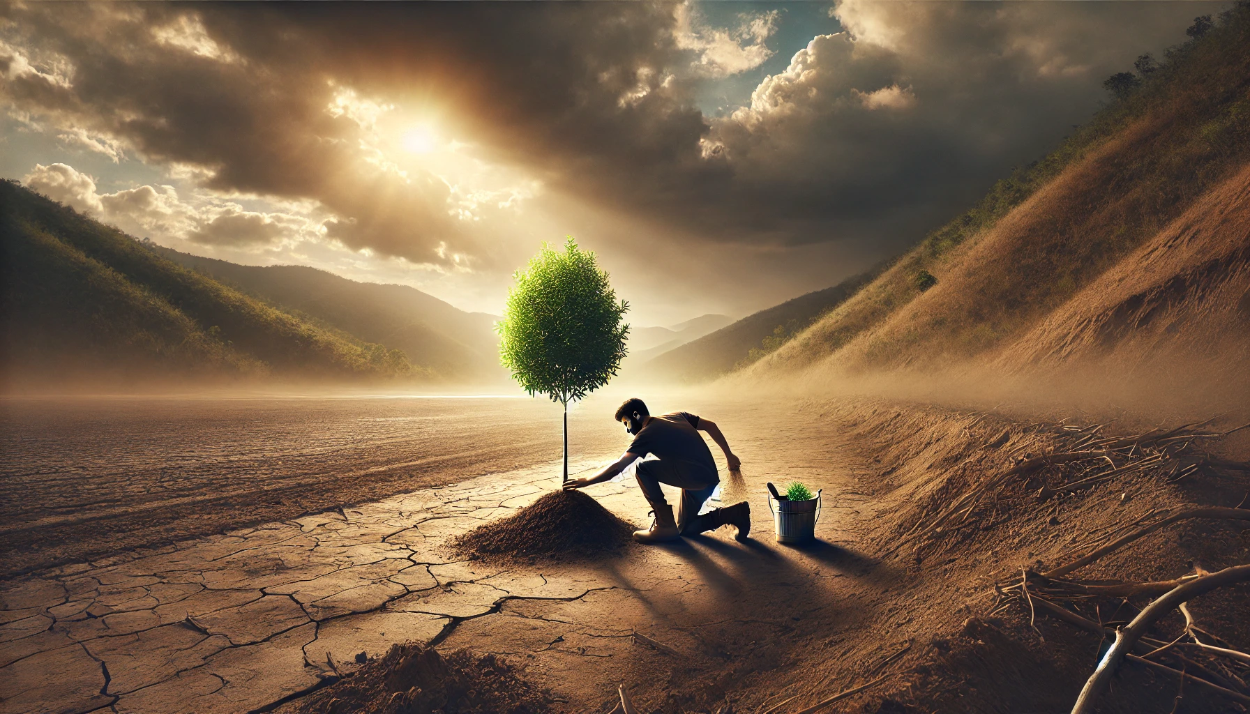 Ai generated image of a person planting a tree in a bare landscape