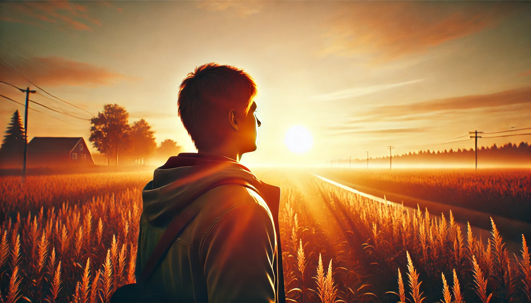 AI generated image of a person standing in an open field during sunrise, facing the warm sunlight, with shadows cast behind them. The sky is a blend of orange, yellow, and pink hues, creating a serene and hopeful atmosphere.