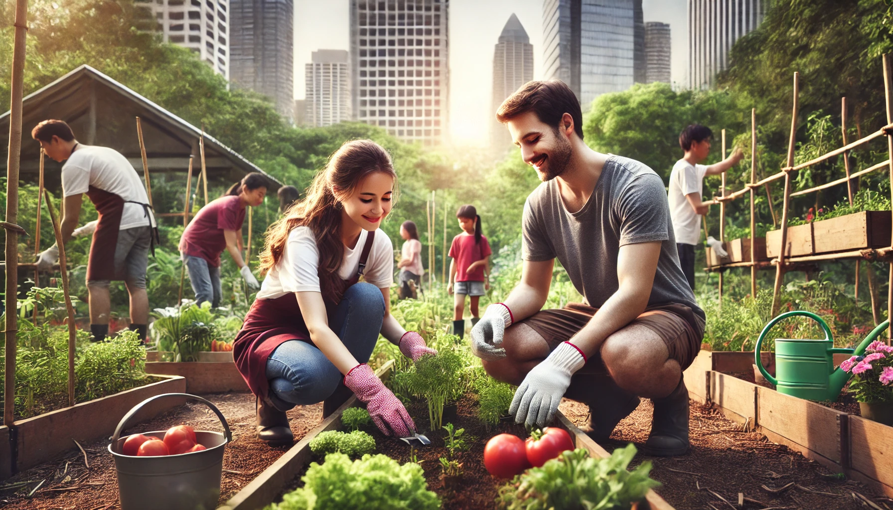 AI-generated image of a volunteer helping a young child in a community garden surrounded by city buildings, symbolizing self-discovery and the impact of service to others.