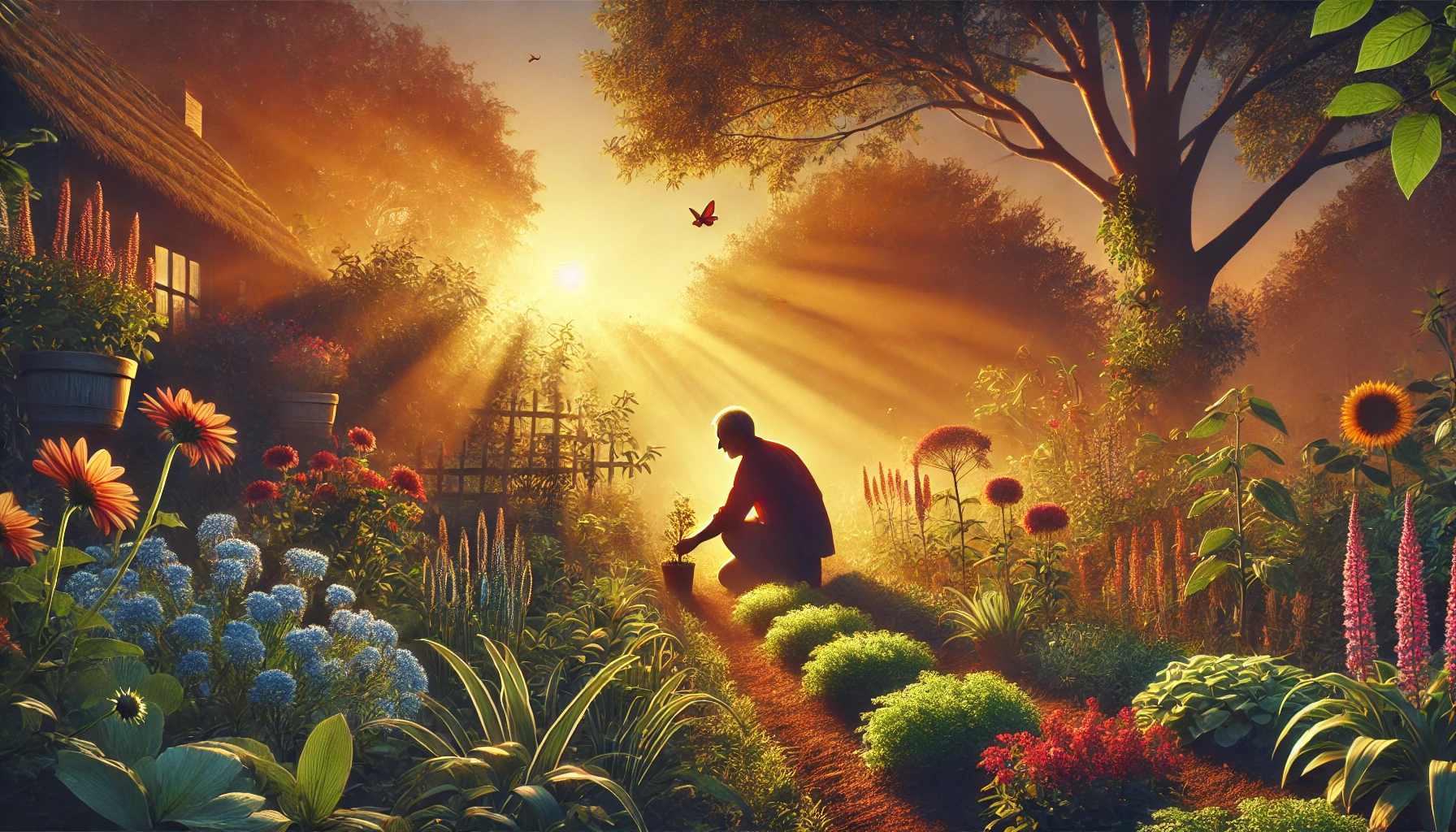 AI-generated image of a middle-aged person peacefully gardening in a lush, vibrant garden at sunrise, illustrating the concept that happiness stems from personal actions, surrounded by a variety of plants and flowers with bees and butterflies, under a golden morning light.