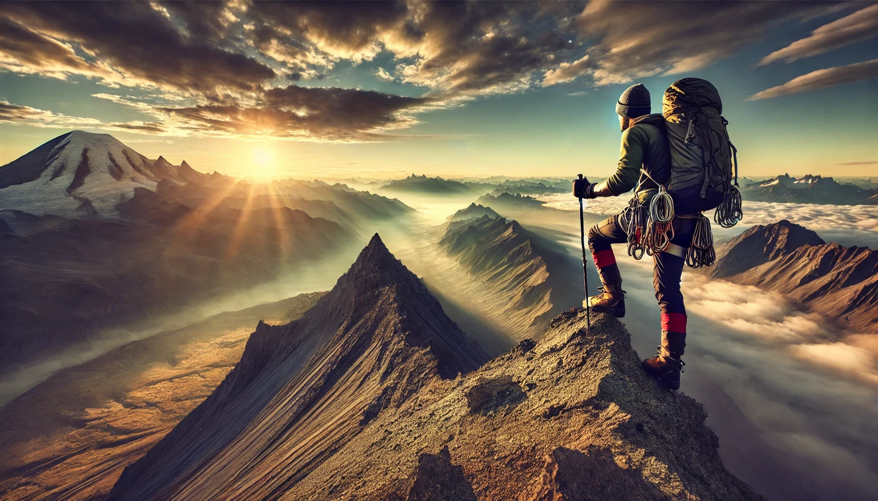 AI-generated image of a climber at the midpoint of a mountain ascent, reflecting under the early morning sun, symbolizing perseverance and self-belief.